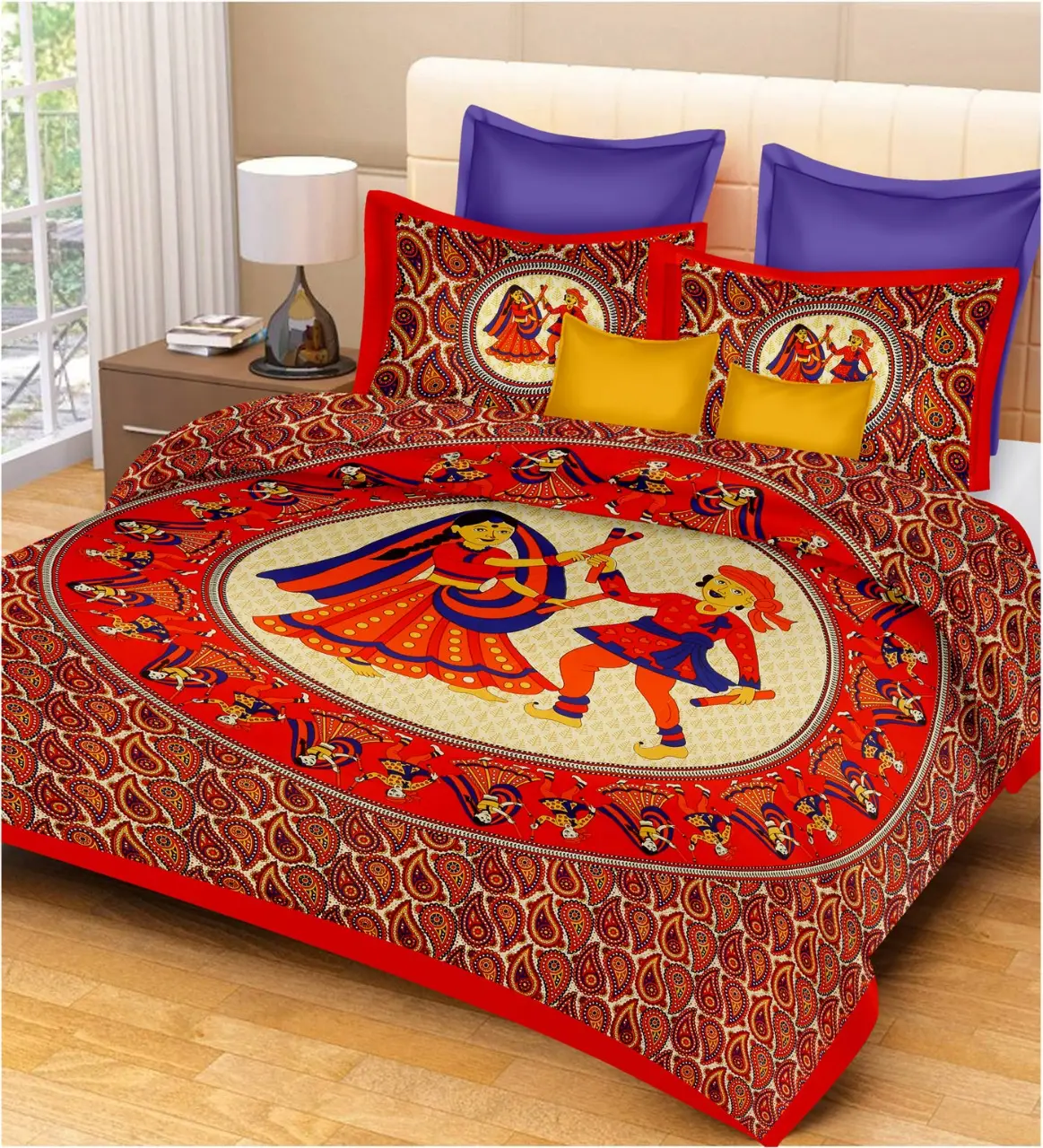 อินเดียทำด้วยมือ100% ผ้าฝ้ายราชสถานผ้าปูที่นอนชุดเตียงคู่1เตียงคู่ผ้าปูที่นอน2ปลอกหมอน