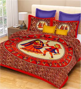 Drap de lit Rajasthani 100% coton, 1 drap Double fait à la main des indiennes, 1 paire de 2 housses d'oreiller, nouveauté