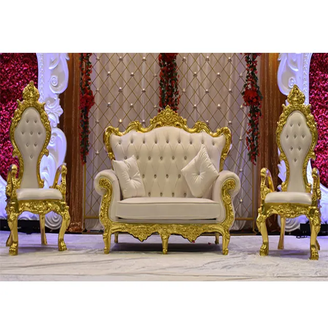 Set Furnitur Pernikahan Emas & Gading, Set Mebel Kursi Pernikahan & Sofa Nyaman Throne untuk Pernikahan Asia
