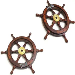 18" Brown Wooden Ship <b>Wheel</b> Boat Ship Captains Nautical Ship <b>Wheel</b> Home Wall Steering <b>Wheel</b> - Product Image 1