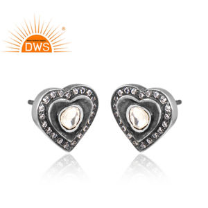 CZ Crystal Quartz Oxidized <b>Silver</b> <b>Heart</b> Shaped <b>Stud</b> <b>Earring</b> Tribal <b>Silver</b> Jewelry For Women Gift For Her Vintage Collection - Product Image 2