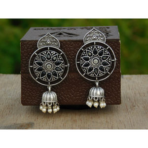 Designer artificial stone handmade brass silver look alike hoop stud jhumka earings for women and girls - Product Image 5