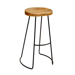 Commercial Furniture Iron Bar Stool Black Powder Coated Legs With Mango Wood Top Metal Bar Chairs Modern Big Bar Stools For Sale