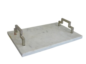 Plateau de service ovale en marbre blanc personnalisable fait à la main poignée en fer argenté nickelé pour la maison hôtel restaurant utilisation décorative - Product Image 6