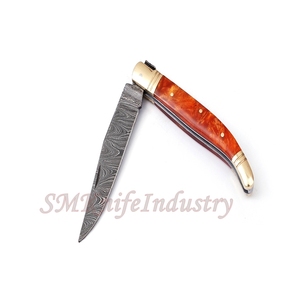 Custom Hand Forged Pocket Knife Hand Made Damascus Folding Knife with Leather Sheath Cover (smk1691) - Product Image 5