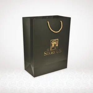 Sacs en papier avec poignée avec corde, produit de luxe, logo personnalisé, imprimé, pour le shopping, feuille d'or