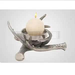Aluminum 4 Inch <b>Silver</b> Crossed Antlers <b>Candlestick</b> Holders | Farmhouse Decor Centerpiece for Living Room Bathroom Wedding Accent - Product Image 1