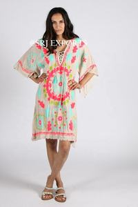 Best Selling Bold <b>Bohemian</b> Crushed Organic Cotton Suzani <b>Dress</b> 3/4 Flare Sleeves and Lace Embroidery Neon Color Knee Length - Product Image 5