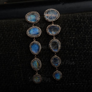 Genuine Moonstone <b>Diamond</b> <b>Dangle</b> <b>Earrings</b> Solid 14K Yellow Gold Jewelry Manufacturer - Product Image 3