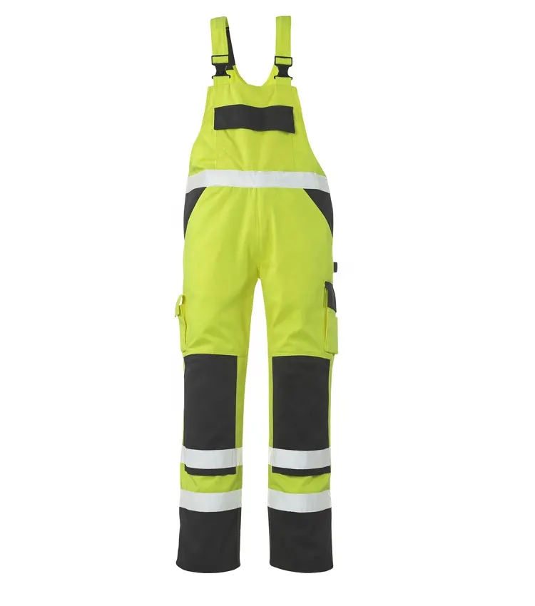 Groothandel Poly Katoen Geel Zwart Reflecterende Tape Schilder Bib Broek Heren Uniform Werk Cargo Pant Werkkleding Overall