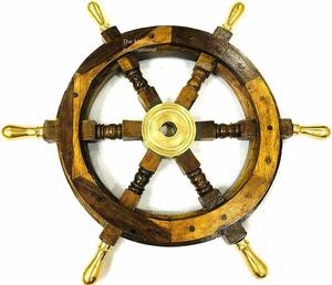 <b>Wooden</b> Ship <b>Wheel</b> Wood and Brass Nautical <b>Wheel</b> with Six Brass Nob 18 Inches with Brass Handle - Product Image 1