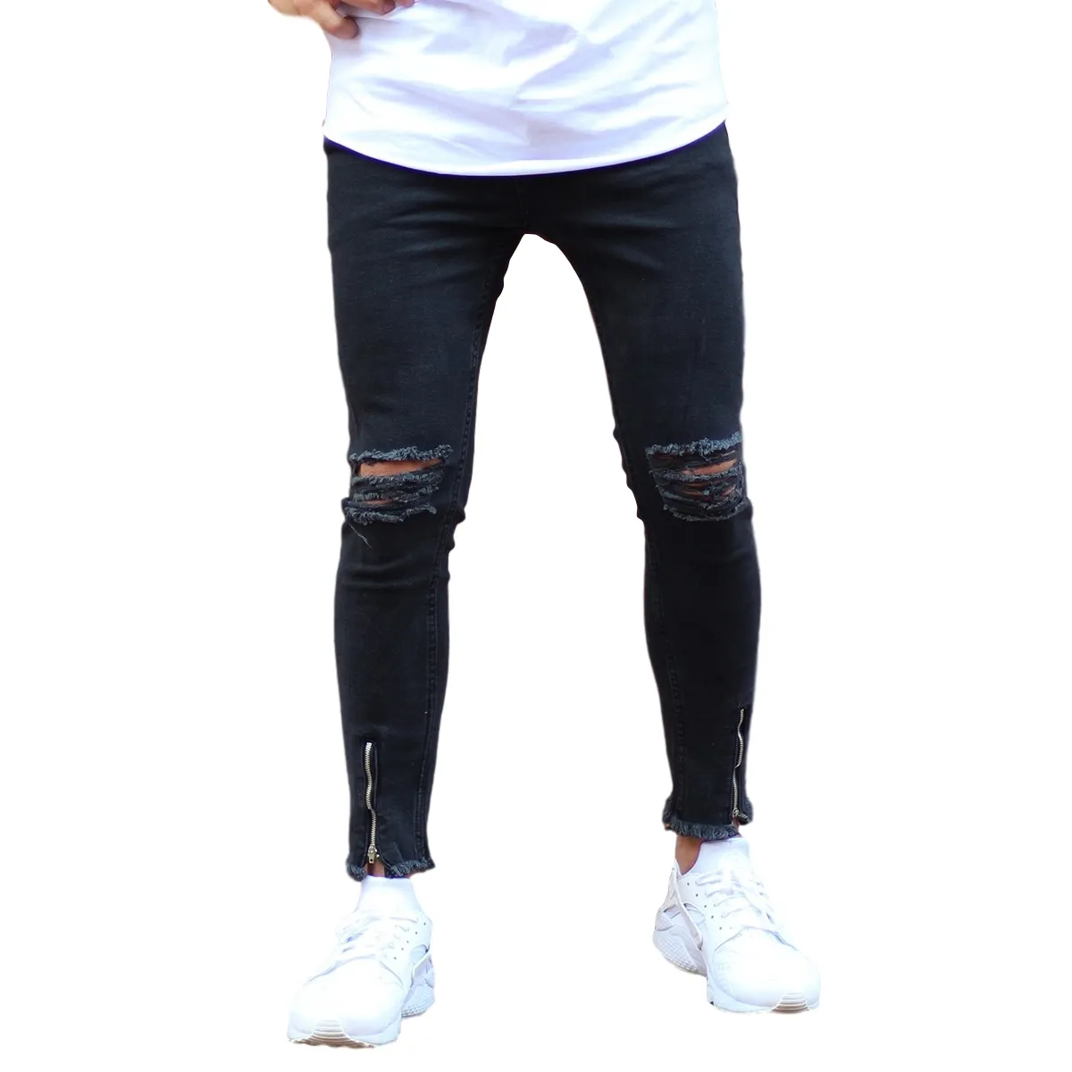 casual 100% cotton men skinny jeans with knee rips and zip in black man new style good best price wholesale offer trend 2020
