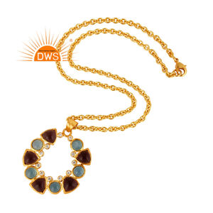 จี้พลอยคาลซิโดนีสีฟ้าธรรมชาติสีเงินสเตอริโออเมทิสต์และคิวบิกเซอร์โคเนียสร้อยคอเครื่องประดับ - Product Image 1