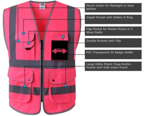 Gilet de sécurité à haute visibilité avec 6 poches et fermeture éclair sur le devant, avec bandes réfléchissantes (taille moyenne, rose) - Product Image 3