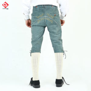 High Quality Bavarian Trachyte Lederhosen Kurz <b>Men</b> Leather <b>Green</b> and Golden Pants With Light Weight and Reasonable Price - Product Image 5