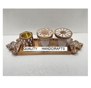 Ensemble de plateaux de service en bois d'acacia avec incrustation de nacre brune en gros, 3 pièces avec pot en acrylique - Product Image 5