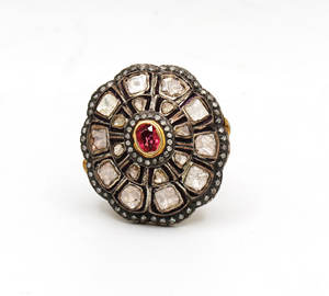 Gema de rubí y Diamante Polki Natural de alta calidad, Plata de Ley 925 sólida chapada en oro, joyería de anillo victoriano hecha a mano - Product Image 1