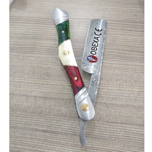 Navaja de Afeitar Recta Obexa Hecha a Mano de Acero de Damasco Vintage con Mango de Latón y Madera para el Afeitado Facial Masculino - Product Image 1