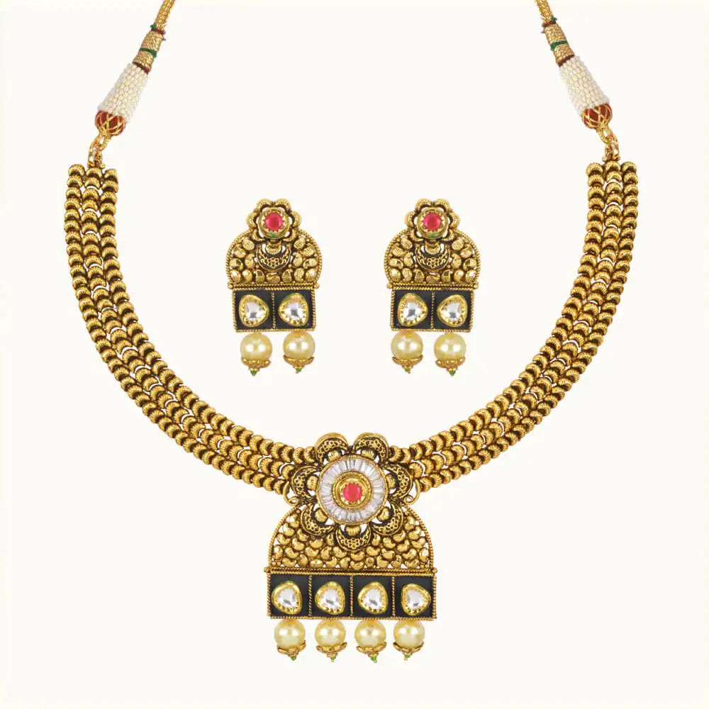 Eksportir Online Terbaru Buatan Tangan Tradisional Emas Disepuh Klasik Antik Kalung Set Perhiasan