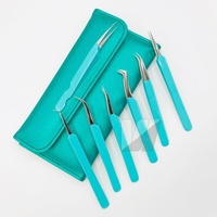 Pinzas Profesionales para Extensión de Pestañas de Acero Inoxidable Japonés Sostenible, Color Azul Aqua, Punta Puntiaguda, Tipo Volumen, 12-14 cm