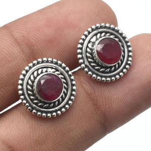 Pendientes de tuerca de GEMA de rubí Natural, Plata de Ley 925, hechos a mano, aretes de tuerca redondos de plata Bohemia, joyería para proveedores al por mayor - Product Image 2