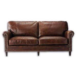 Vintage & Industrial Traditional Solid <b>Wood</b> & Genuine Leather Apartment Living Room Two Seater <b>Sofa</b> - Product Image 1