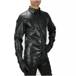 T-shirt en cuir noir pour hommes, étiquette personnalisée de haute qualité, coupe ajustée, manches longues, boutonné - Product Image 3