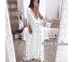 Púrpura Kaftan encaje manga tres cuartos hecho a mano traje de baño Casual elegante Maxi vestido - Product Image 4