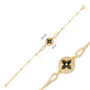 Round Shape Flower Black Enamel <b>Charm</b> <b>Bracelet</b> Turkish Handcrafted Fine 925 <b>Sterling</b> <b>Silver</b> Jewelry - Product Image 2