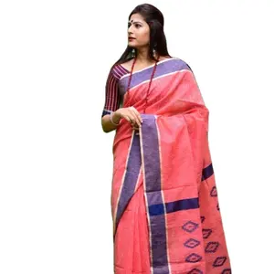 Newly Indian Plain Blue And Black Regular Wear Fancy Linen Cotton Sari And Blouse With Full Sleeves For Women