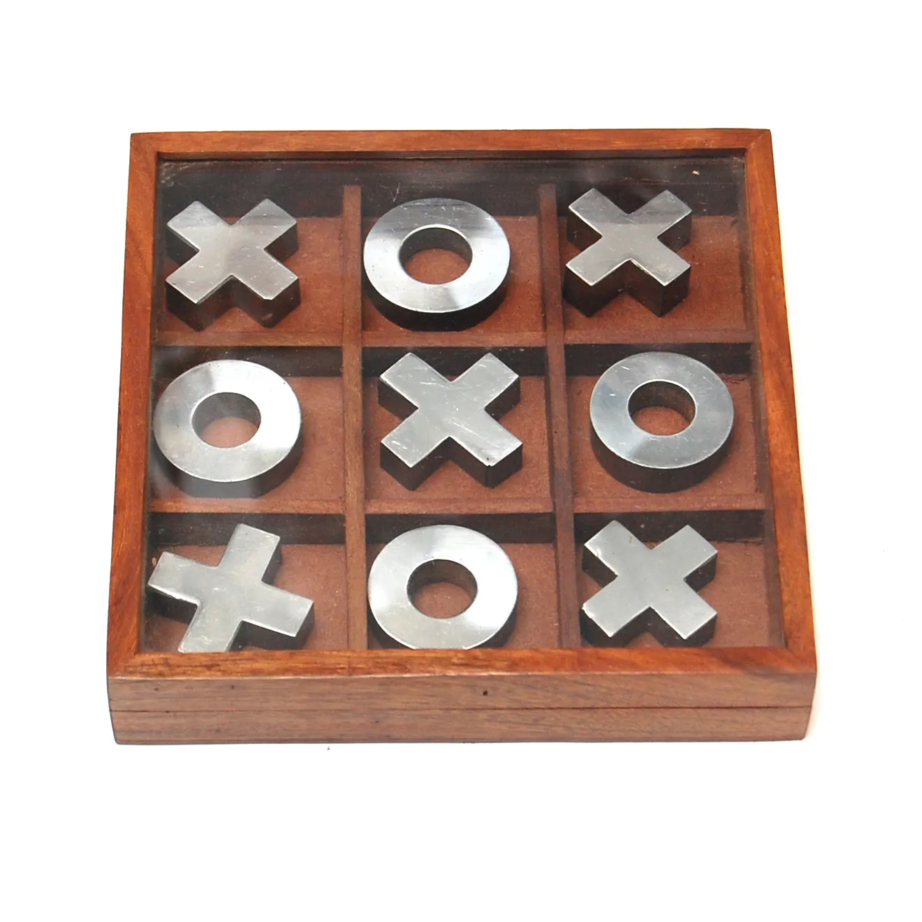 Legno e metallo Tic tac toe gioco di Marrone scatola di legno con coperchio in vetro di Legno Tic tac toe gioco Per vendita