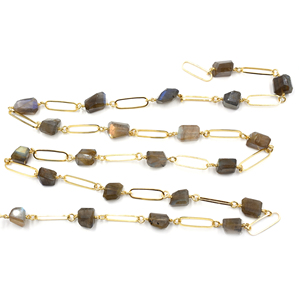 Labradorite Nuggets Rosary Chain 10–12mm Brass 18K Gold Plated <b>Wire</b> Wrapped Gemstone Chain Sold by Foot for Jewelry Making - Product Image 4