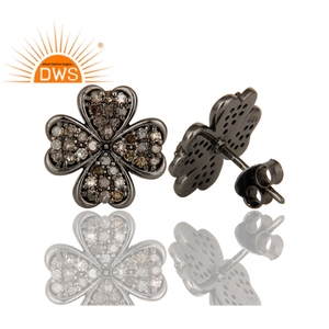 Pave Diamond <b>Set</b> Flower Shape <b>Stud</b> <b>Earrings</b> Jewelry Wholesaler Handmade <b>Silver</b> Jewelry Manufacturer - Product Image 3