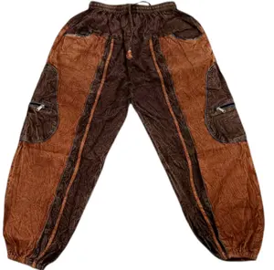 Yıkanmış erkekler Harem pantolon hippi Stonewash pantolon kahverengi Om Ohm sembol sıkıntılı Hippy pantolon Yoga pantolon