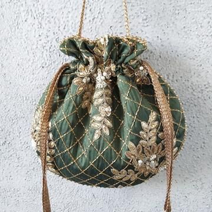 Stylish 2025 Silk Potli Bags for <b>Weddings</b> & Parties Elegantly Embellished with Zardozi Work in a Unique Designer Bucket Pattern - Product Image 1