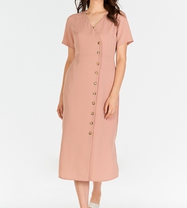 Robe pour femme en lin 100% rose pâle, fabriquée en Inde, col en V, manches courtes, formelle, sexy, longueur genou, respirante - Product Image 5