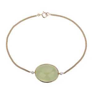 IGI Certified 14K Oro Giallo Diamante Naturale (I1-I2/G-H) tondo Pieno Cut & Prehnite Ovale Cabochon Braccialetto