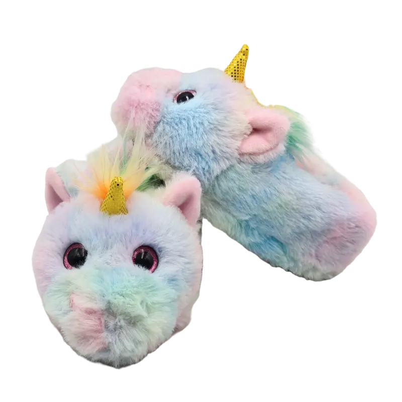 Pantofole di peluche di vendita diretta in fabbrica pantofole di peluche personalizzate unicorno tie-dye per bambini