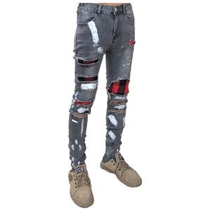 Pantalones vaqueros de motorista de camuflaje para hombre, jeans de motorista empalmados de retales de cuero PU, plisados, informales, a la moda, largos - Product Image 4