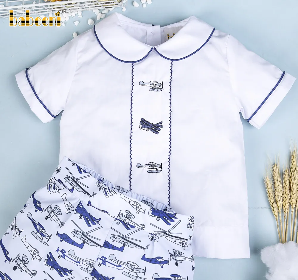 Airplane embroidery boy short set OEM ODM boys smocked outfit smocked children clothing wholesale - BC998