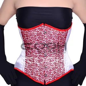 Cosh Corset Underbust Steelboned Taille Training Extreme Bochtige Witte Satijnen Korset Met Rode Kant Net Bruids En Mode Korset