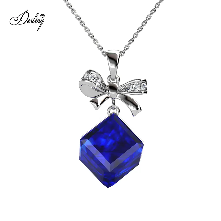 El destino de la joyería pequeña cinta arco con brillo azul cubo cuadrado de cristal de Austria colgante, collar de la joyería para las mujeres