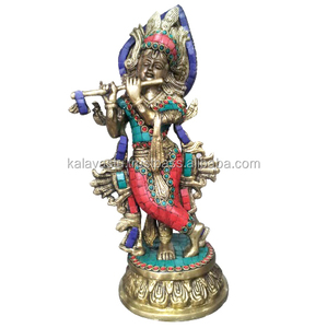 Artesanías talla fina ESTATUA DE KRISHNA DE LATÓN Con acabado de piedra de color - Product Image 1