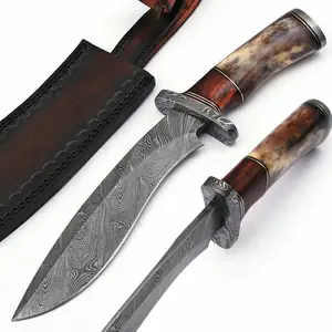 Custom Made Damascus Steel Outdoor Hunting Knife Wood & Camel Bone