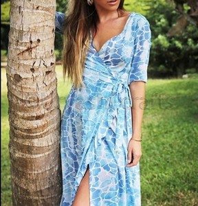 ODM * OEM elegante playa Vintage étnico Digital impreso manga corta profundo cuello en V mujeres seda largo elegante nuevo estampado Maxi vestido - Product Image 1