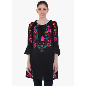 New Women Summer Autumn Fashion Embroidered Women's Wear Black Tunic Cold Shoulder Lady Dress With Tassel Tie Lace Neck
