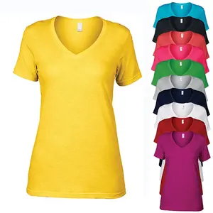 Bán Buôn Womens Sâu V Cổ Đồng Bằng Không Có Thương Hiệu T Áo Sơ Mi Ladies Chất Lượng Cao 100% Cotton Áo Phông Cho In Ấn