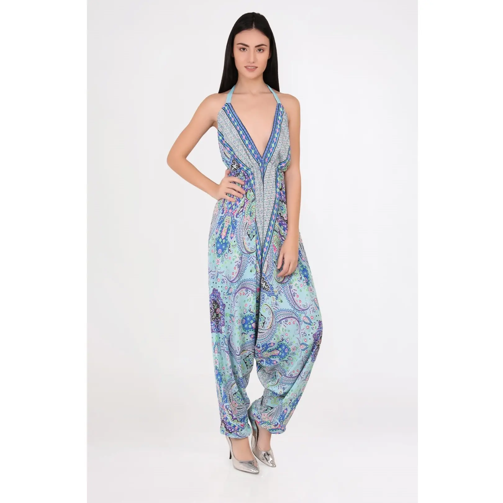 Bohemian V Neck Halter Jumpsuit Ocasional das mulheres Atraentes Tie & Die Alcinhas Solta Uma Peça Macacão