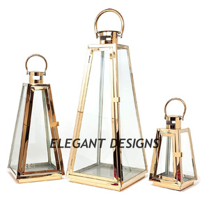 Single Gold Plated Stainless Steel Metal Lantern Big Size Simple <b>Plain</b> <b>Candle</b> Holder High Quality Modern Weddings Christmas - Product Image 2