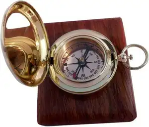 Handmade Shiny Brass Push Open Compass & Lid with Rose Wood Wooden Box Pocket Compass for Hiking Rustic Vintage Home Decor Gifts